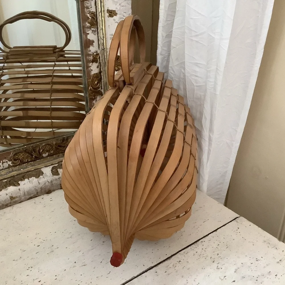 Vintage Japanese Folding Collapsible Wood Market Basket Bamboo Wood Purse